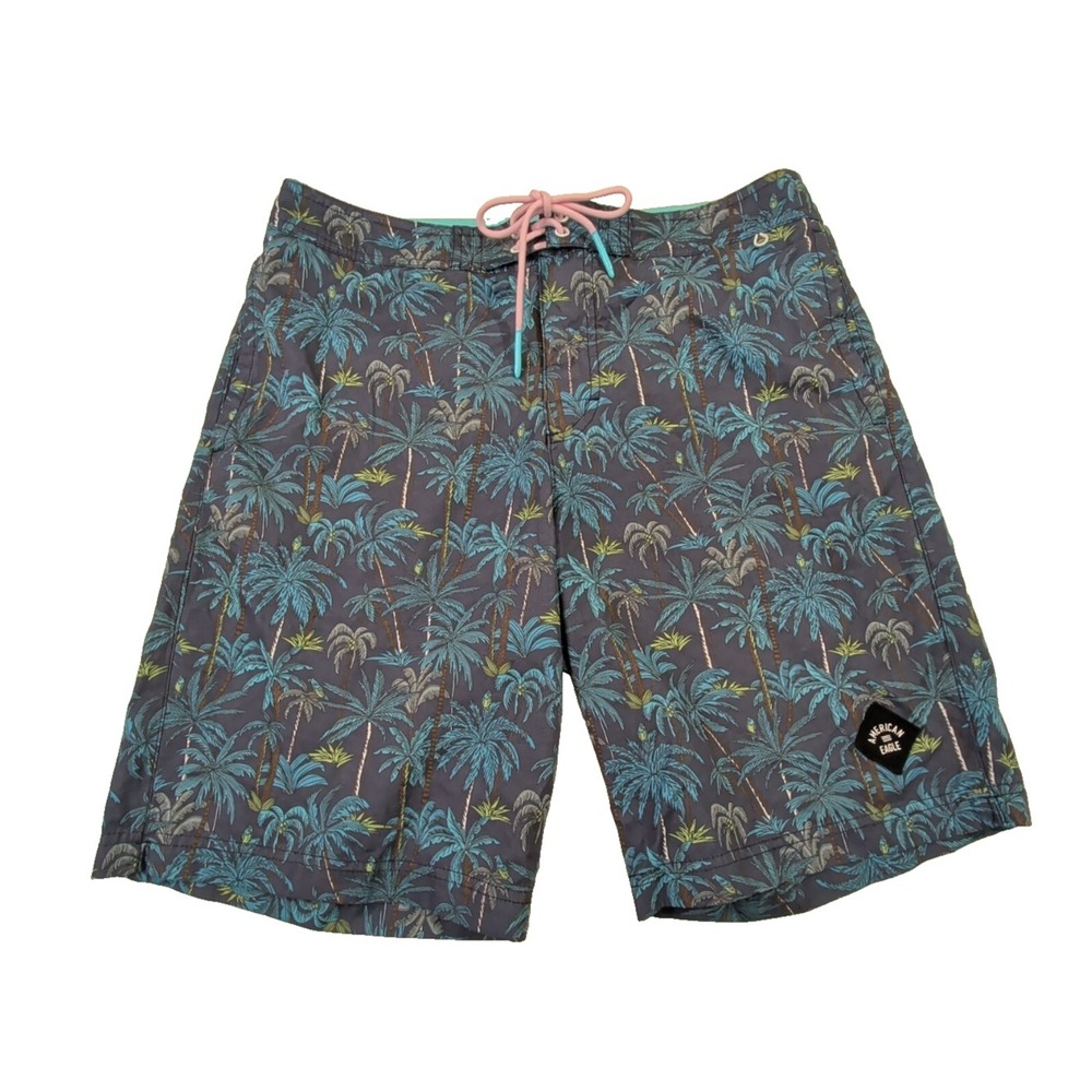 American Eagle Board Shorts Mens M Blue‎ Palm Trees Swim Beach Pool Vacation